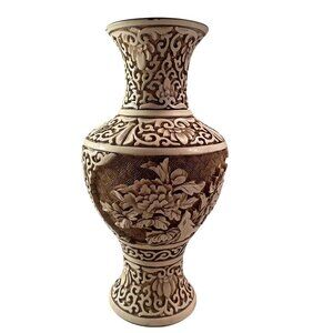 Arnart Dynasty Floral Vase Resin Carved Vintage Asian 1982 Intricate Detailing